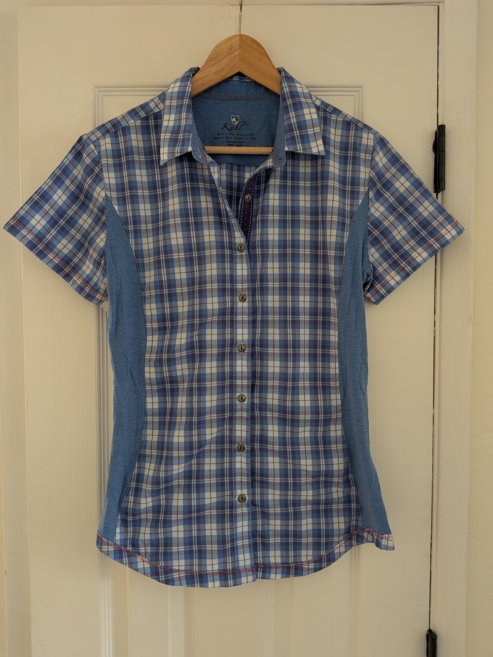 Kuhl Women's Blue Plaid Short Sleeve Button Down Shirt Size Med Hiking Outdoors